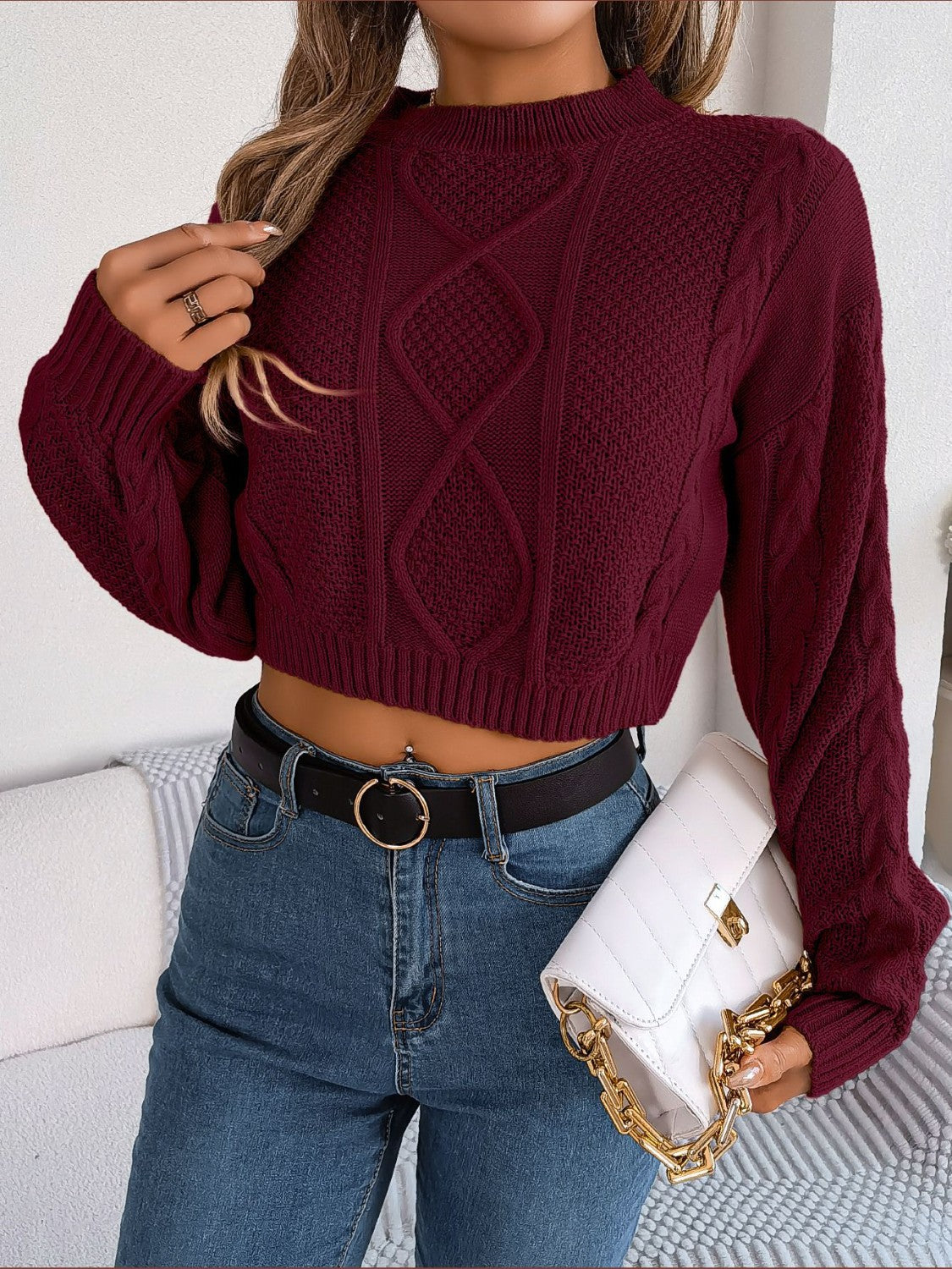 Cable-Knit Round Neck Cropped Sweater  Trendsi   