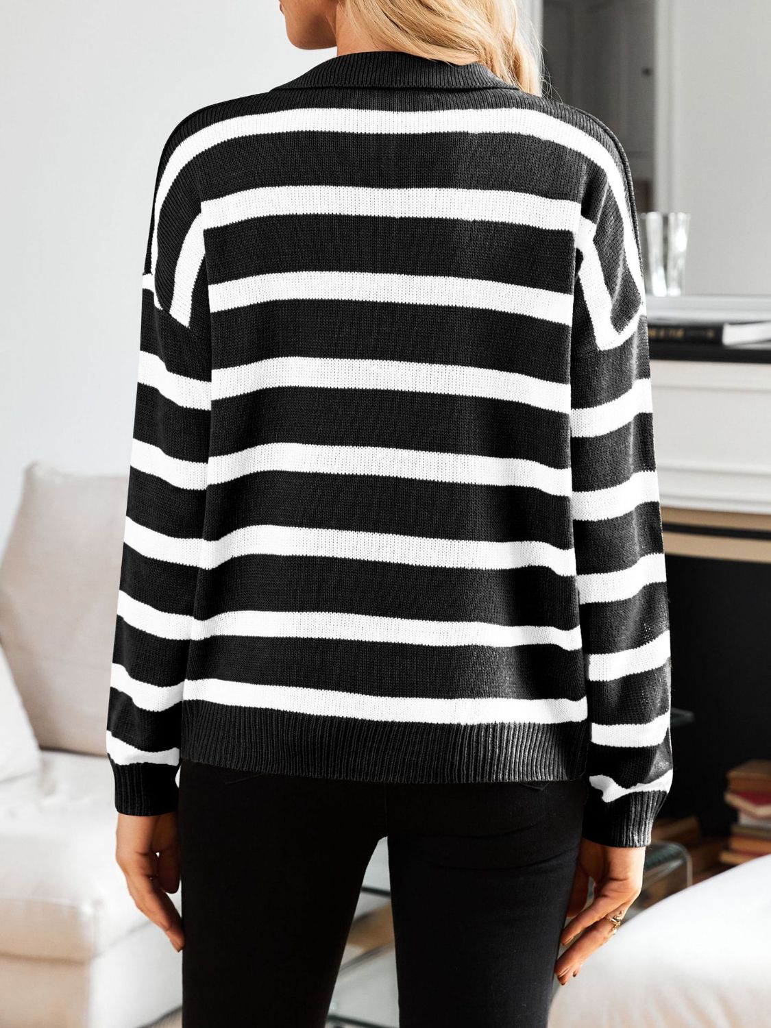 Many Striped Johnny Collar Long Sleeve Sweater  Trendsi   