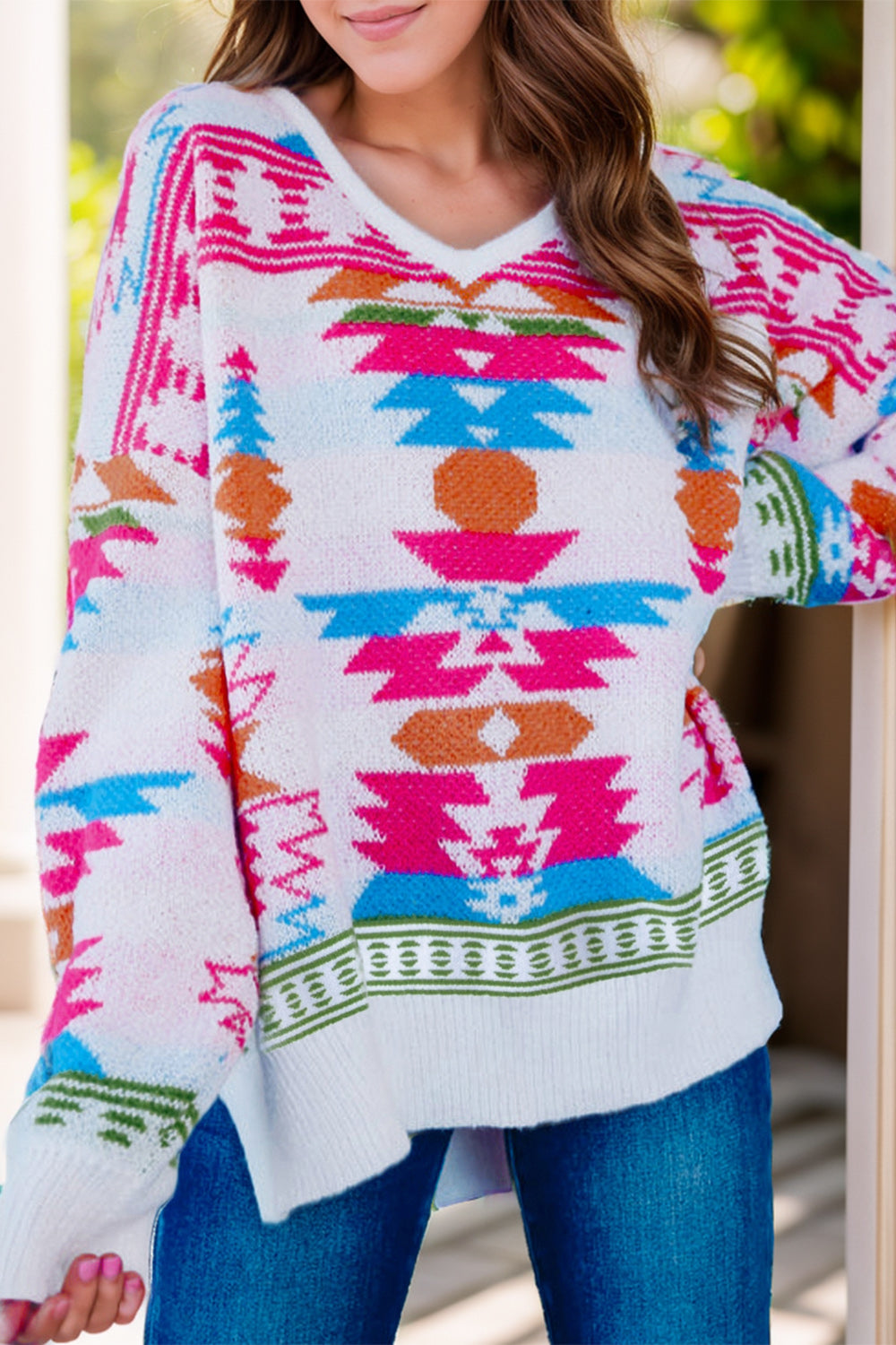 Geometric V-Neck Long Sleeve Sweater  Trendsi White S 