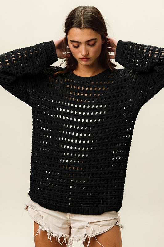 BiBi Round Neck Openwork Knit Cover Up  Trendsi Black S 