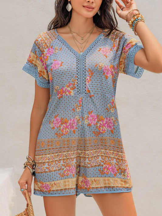 Printed V-Neck Short Sleeve Romper  Trendsi Light Blue S 