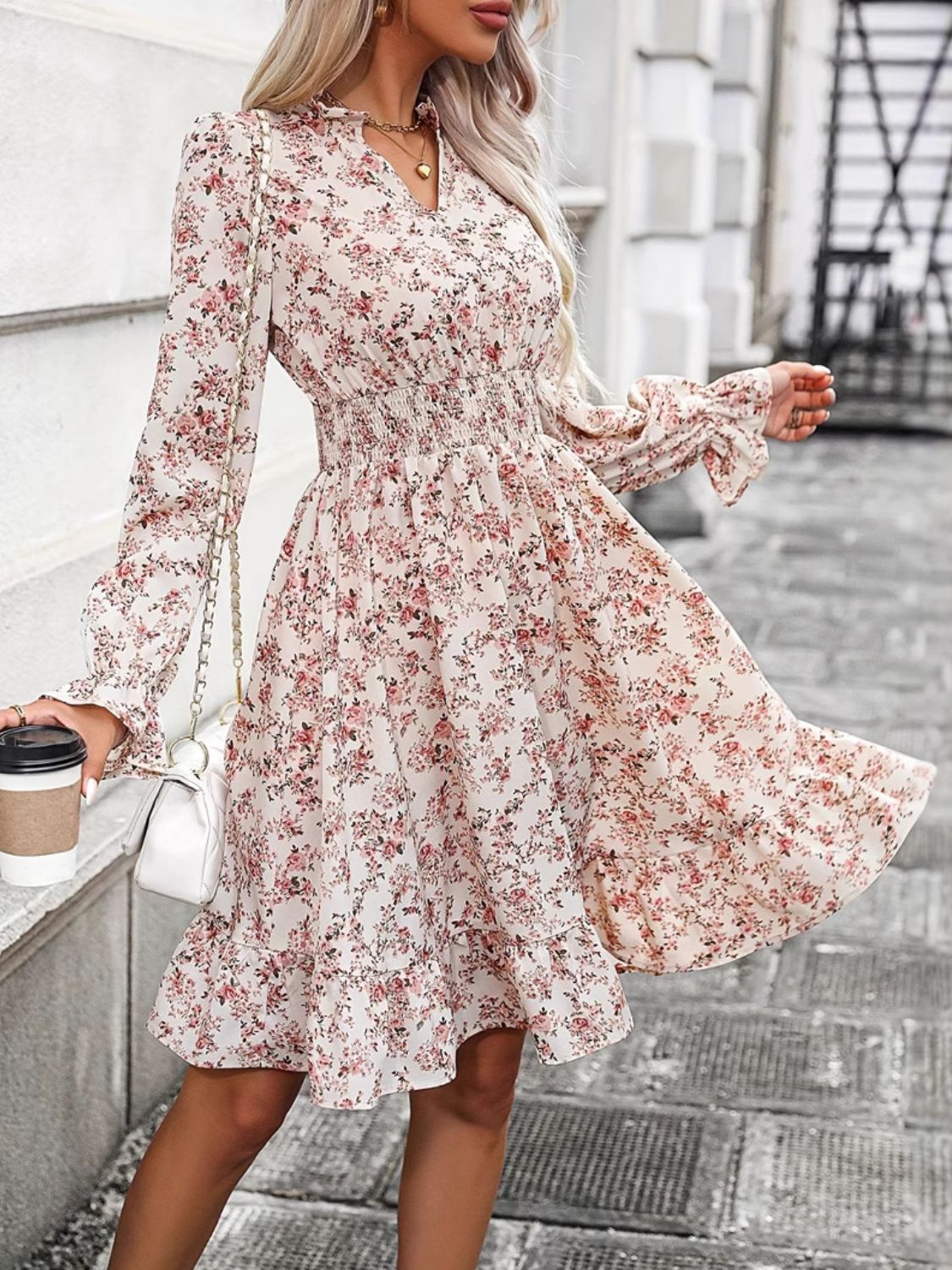 Ruffle Hem Floral Surplice Long Sleeve Dress  Trendsi   