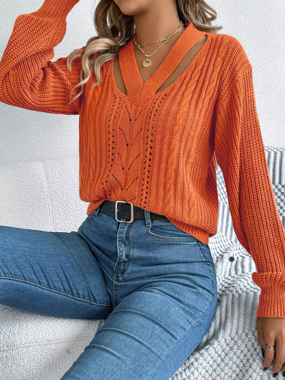 Cutout V-Neck Long Sleeve Sweater  Trendsi   