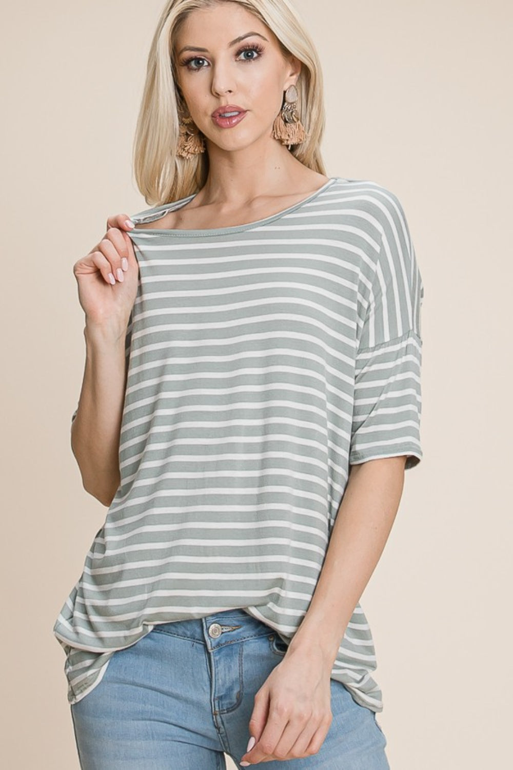 BOMBOM Striped Round Neck T-Shirt  Trendsi   