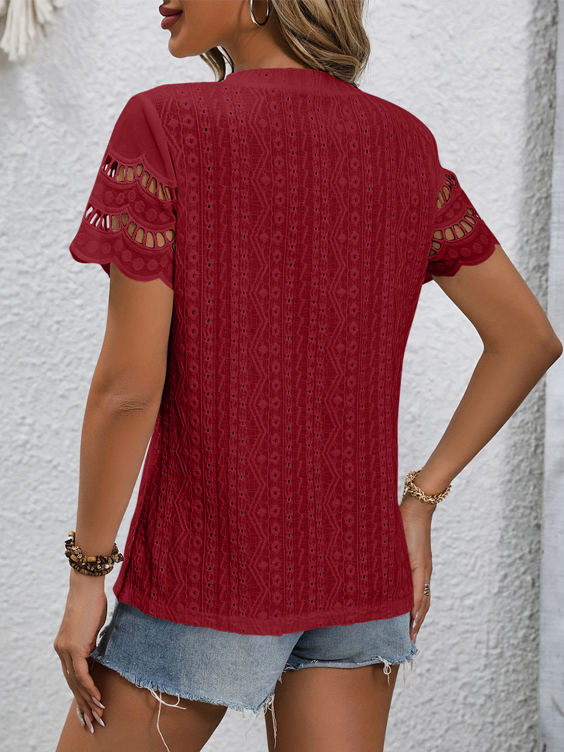 Full Size Eyelet Round Neck Short Sleeve Top Blouse Trendsi   