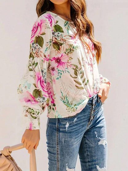 Printed Round Neck Lantern Sleeve Blouse Blouse Trendsi   