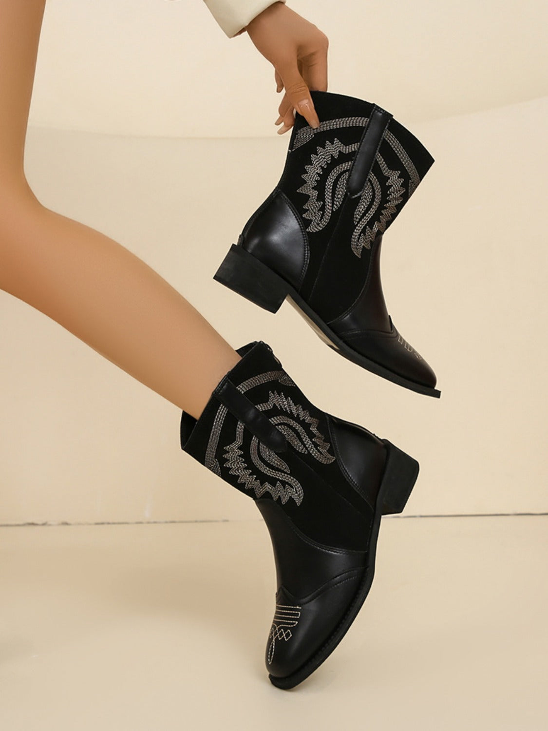 Embroidered PU Leather Block Heel Boots  Trendsi   