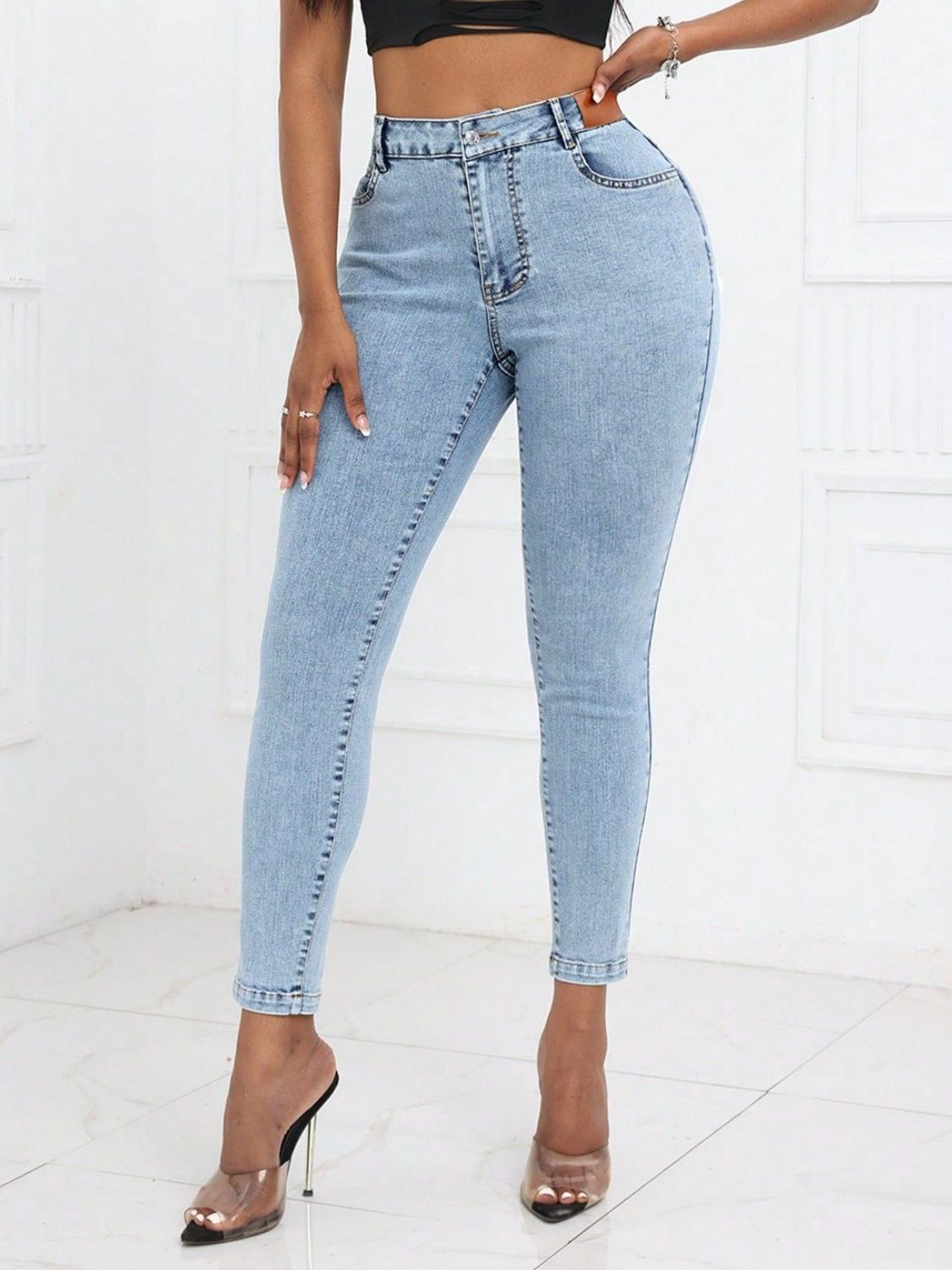 High Waist Skinny Jeans with Pockets  Trendsi Light XS 