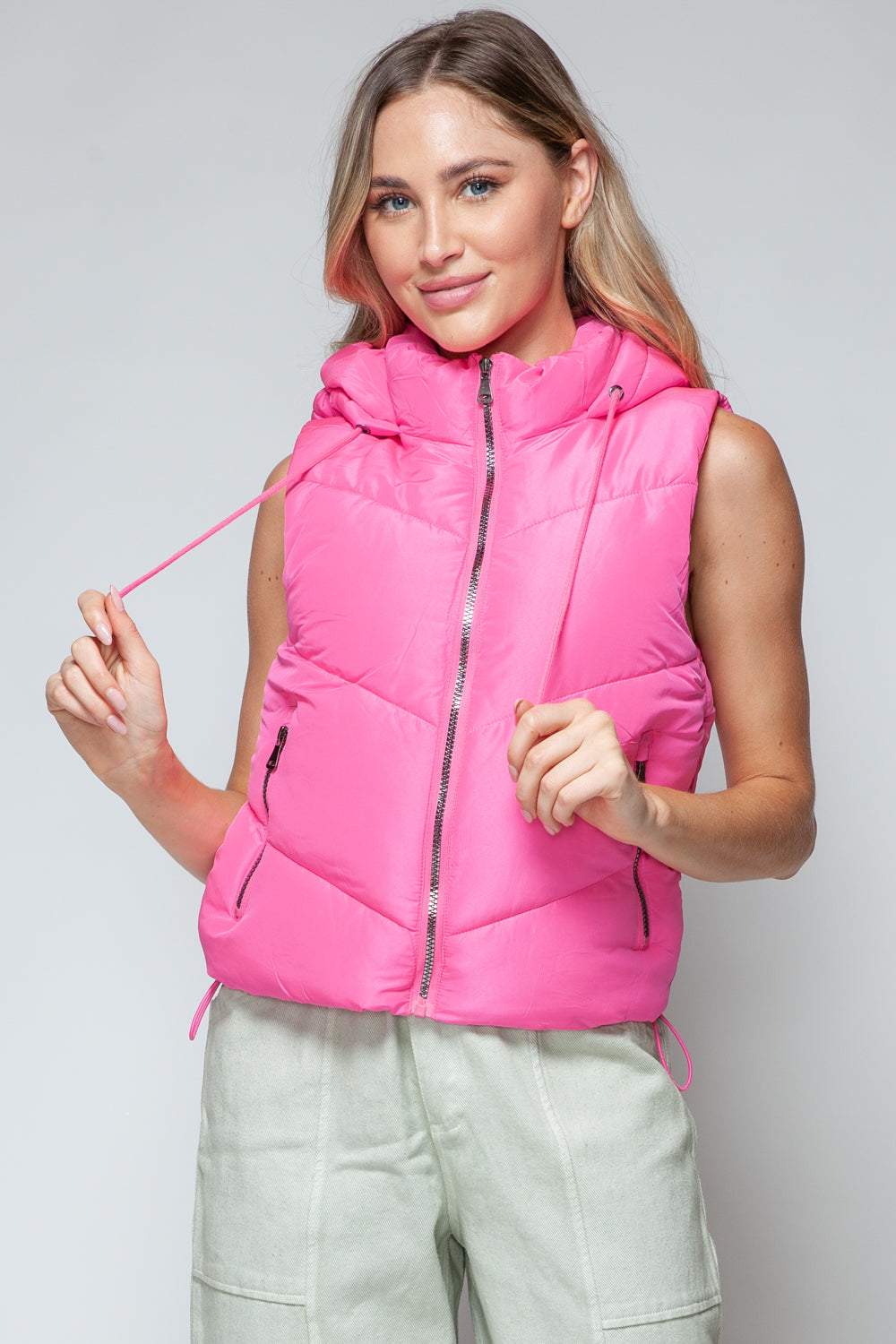 Snobbish Zip Up Quilted Hooded Vest  Trendsi Pink S 