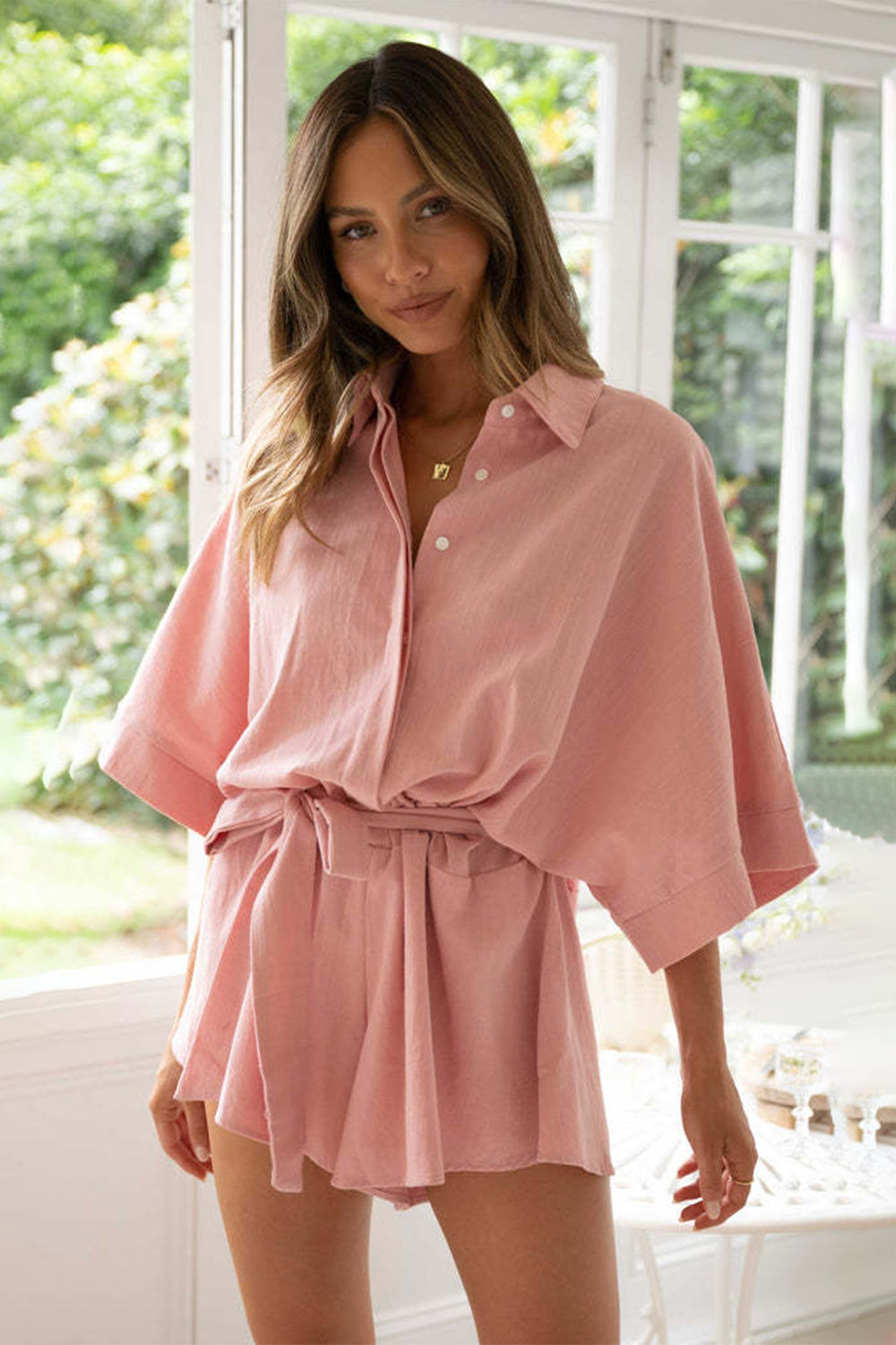 Tied Button Up Collared Neck Romper  Trendsi Dusty Pink S 