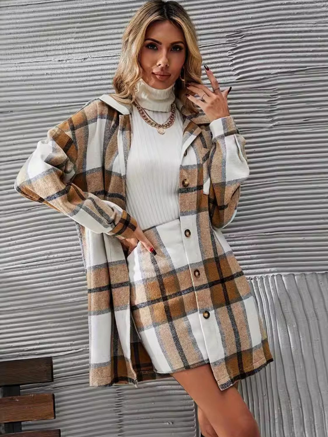 Plaid Button Up Long Sleeve Coat and Skirt Set  Trendsi Camel S 