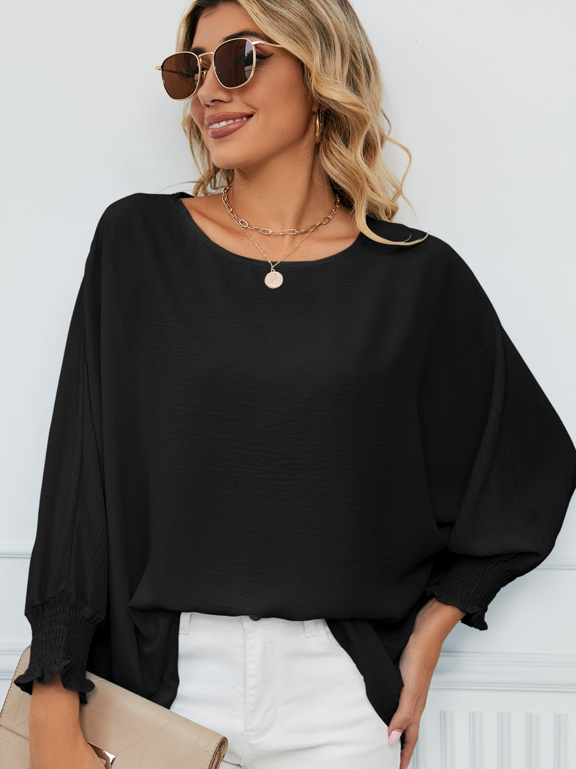 Smocked Lantern Sleeve Round Neck Blouse Blouse Trendsi   