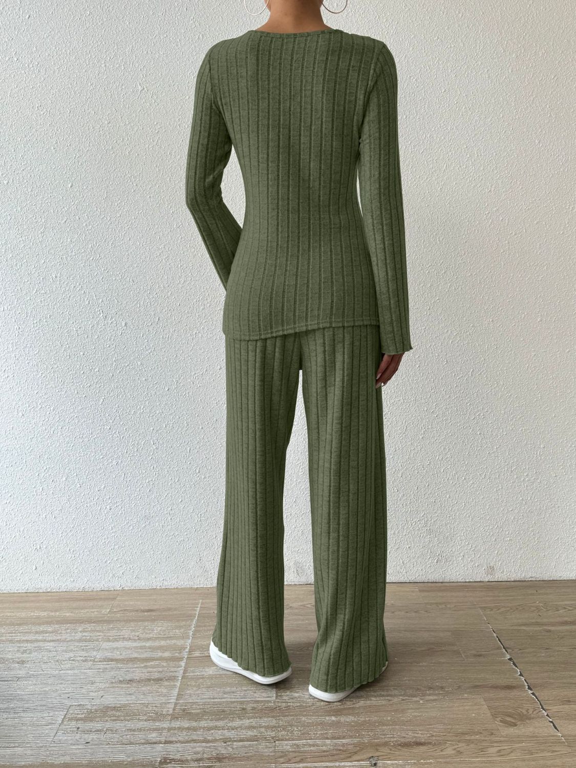 Ribbed V-Neck Long Sleeve Top and Pocketed Pants Set  Trendsi   