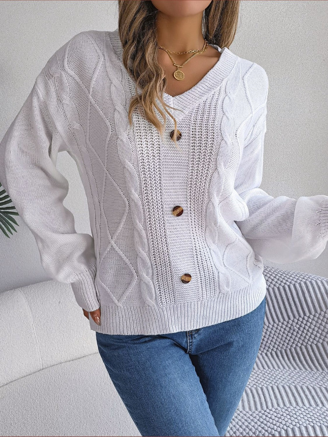 Cable-Knit Buttoned V-Neck Sweater  Trendsi   