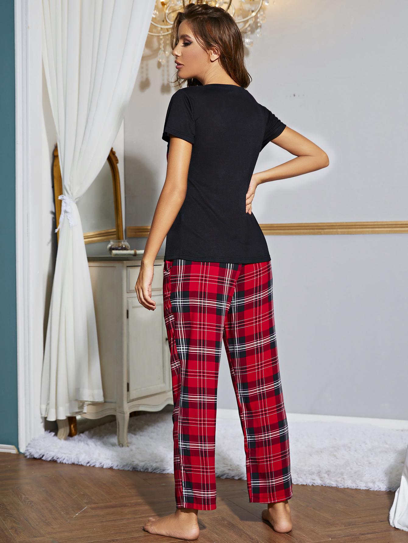 Heart Graphic V-Neck Top and Plaid Pants Lounge Set  Trendsi   