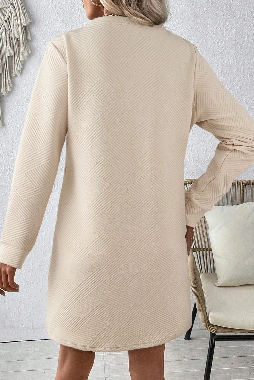 Textured Round Neck Long Sleeve Mini Dress Dress Trendsi   