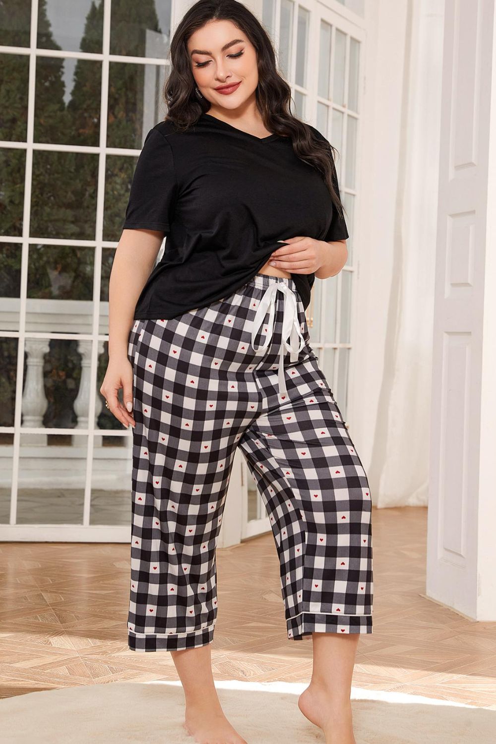 V-Neck Tee and Plaid Cropped Pants Lounge Set  Trendsi   