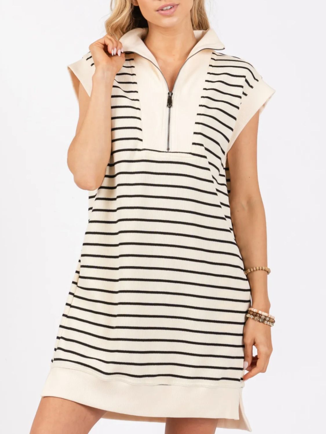 Full Size Pocketed Striped Quarter Zip Cap Sleeve Dress