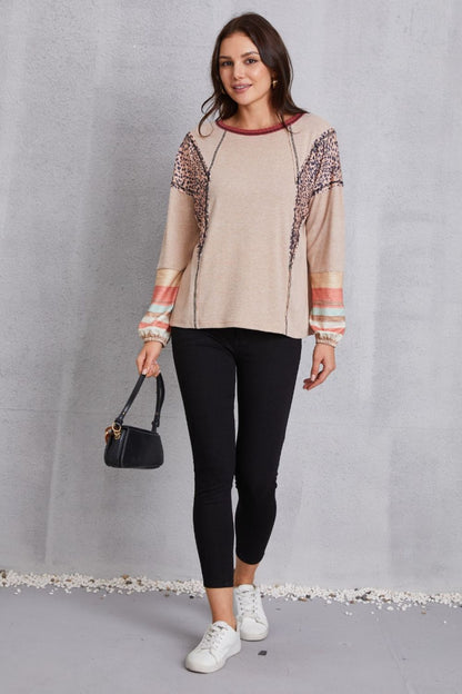 Contrast Stitching Leopard Long Sleeve Blouse Blouse Trendsi   