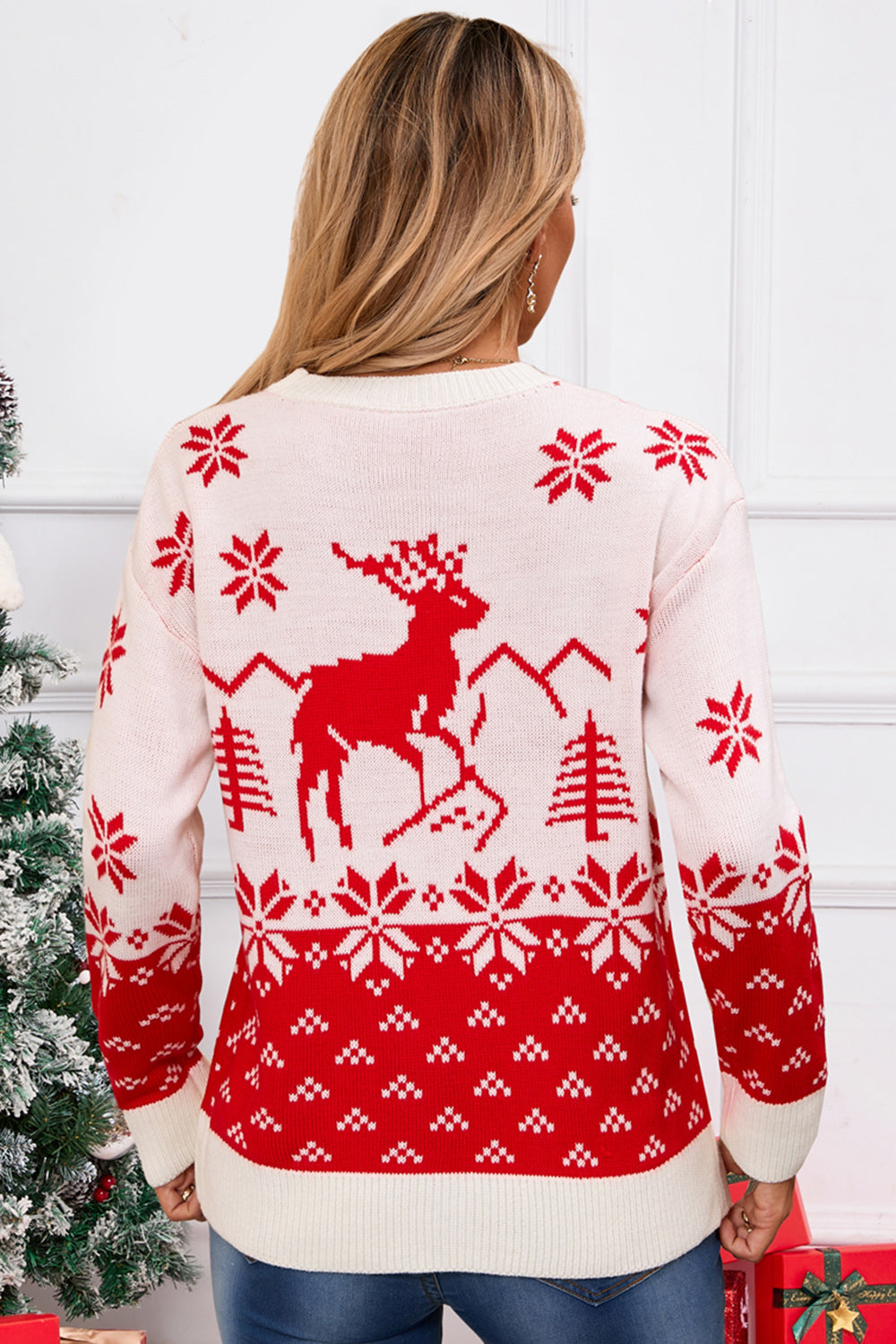 Angel Wings Deer Pattern Round Neck Long Sleeve Sweater  Trendsi   