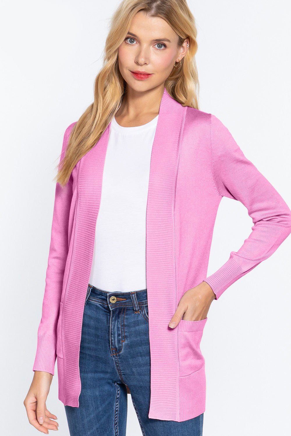 ACTIVE BASIC Ribbed Trim Open Front Cardigan  Trendsi   