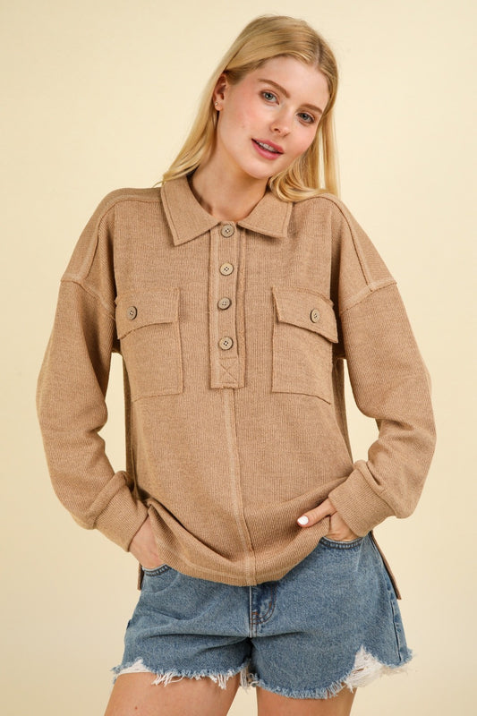 VERY J Collared Half Button Knit Top with Pockets Luxe Trendsi Taupe S 