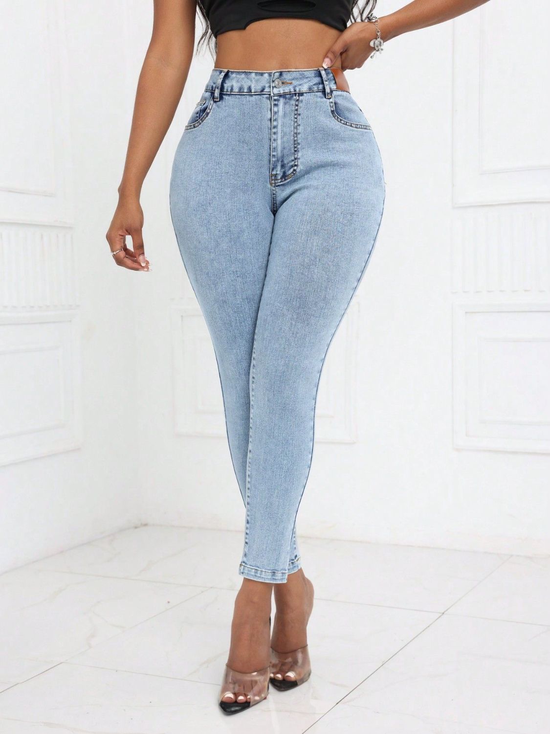 High Waist Skinny Jeans with Pockets  Trendsi   