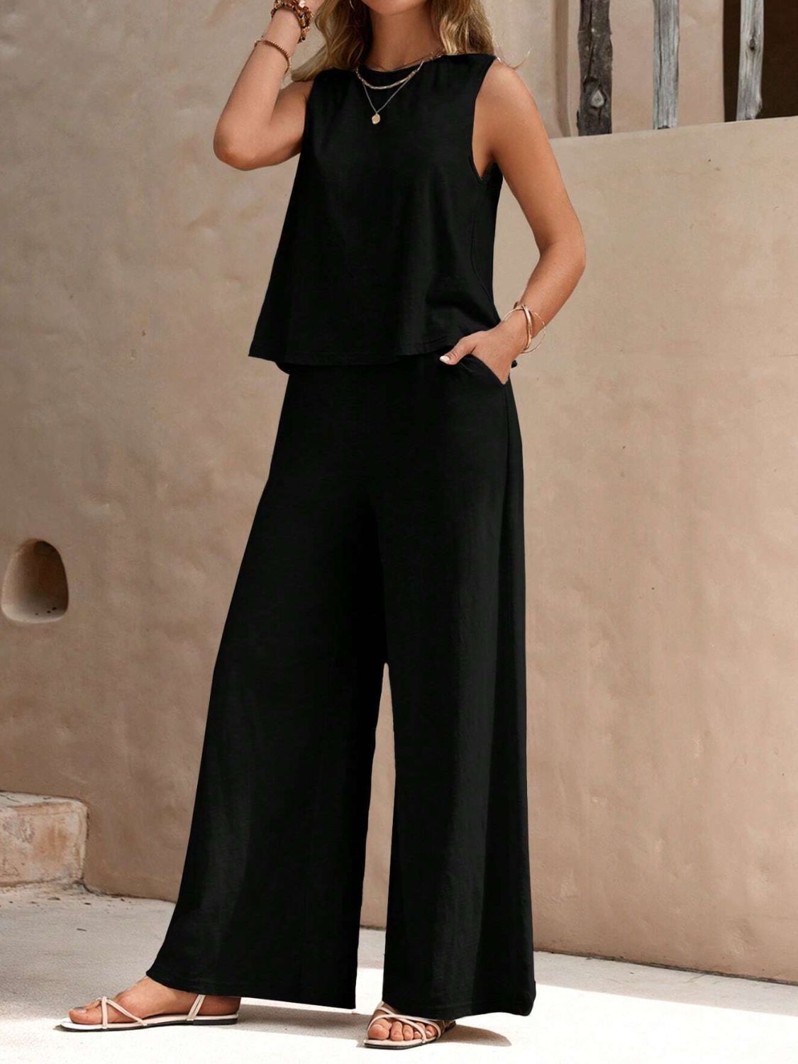 Round Neck Sleeveless Top and Wide Leg Pants Set  Trendsi Black S 