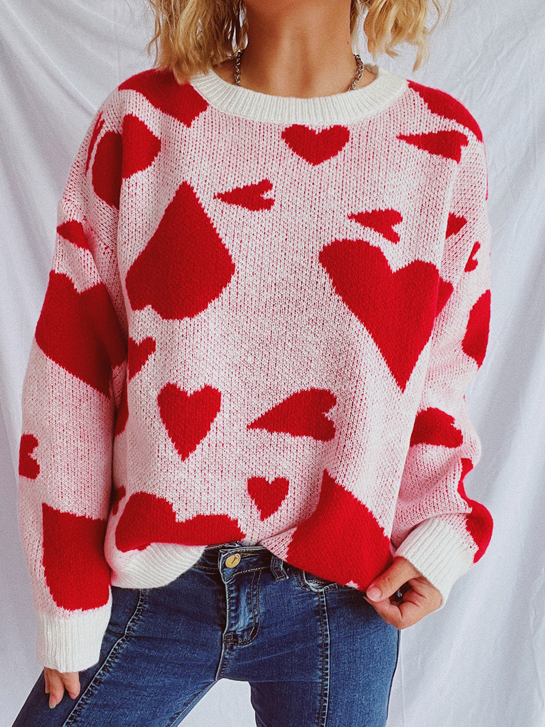 Heart Round Neck Long Sleeve Sweater  Trendsi Deep Red S 