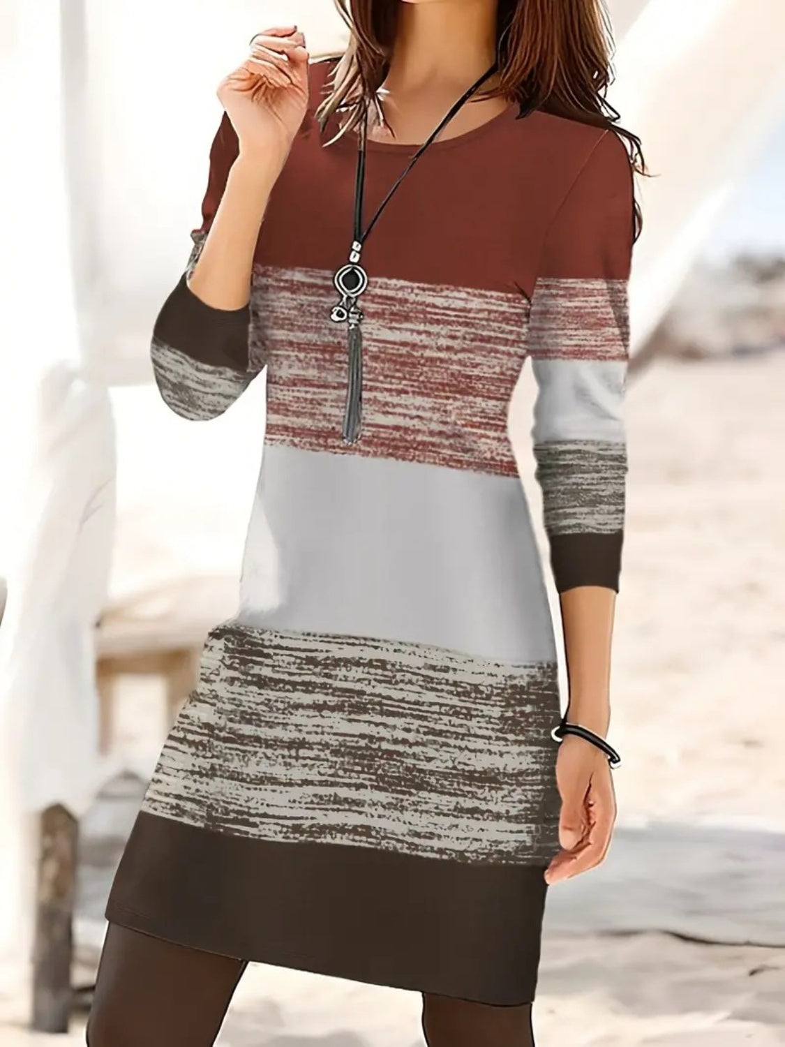 Color Block Round Neck Long Sleeve Dress Dress Trendsi   