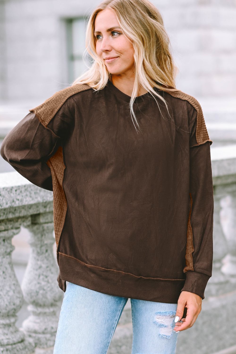 Ribbed Exposed Seam Dropped Shoulder Blouse Blouse Trendsi   