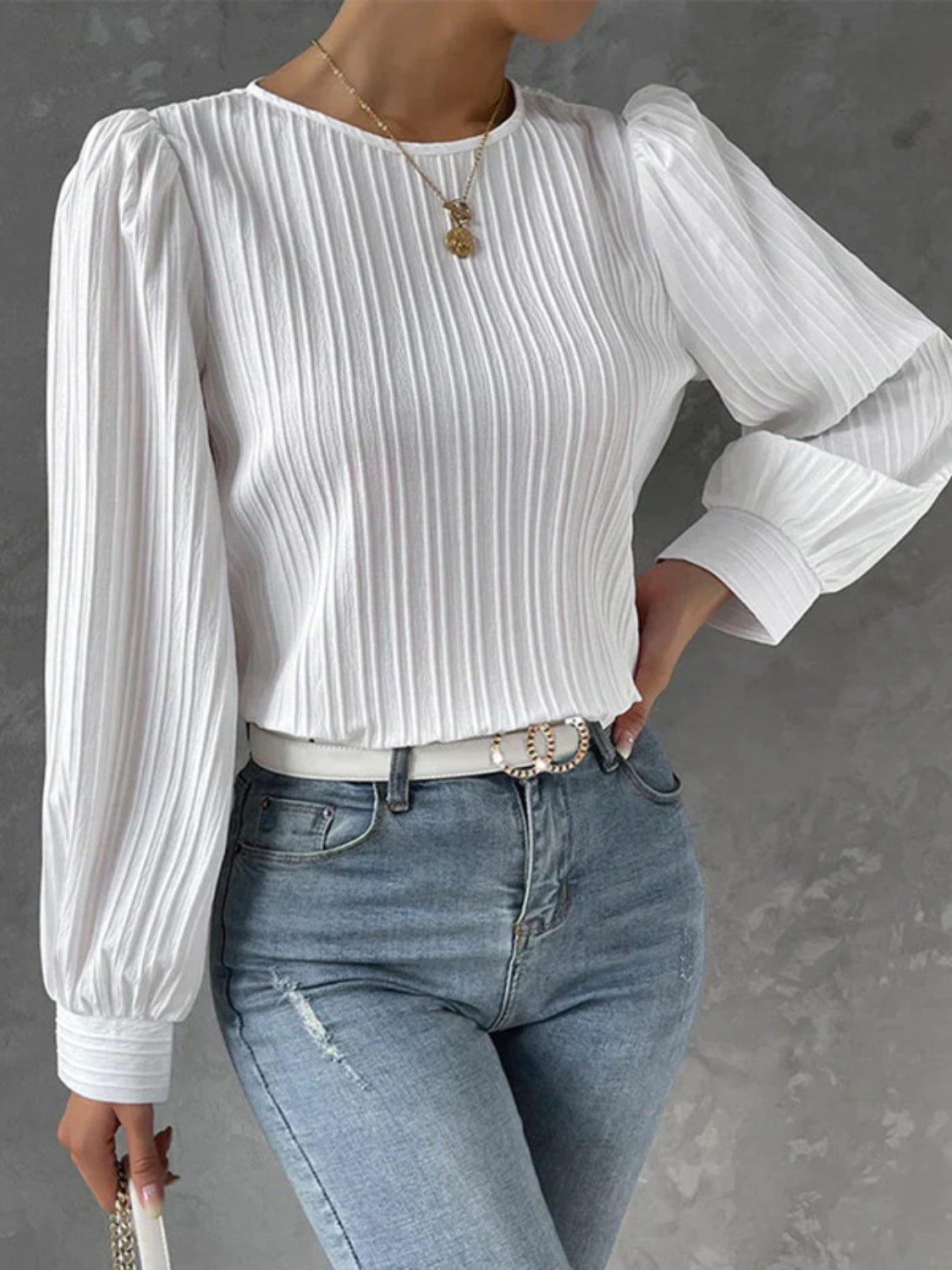 Round Neck Long Sleeve Blouse  Trendsi   