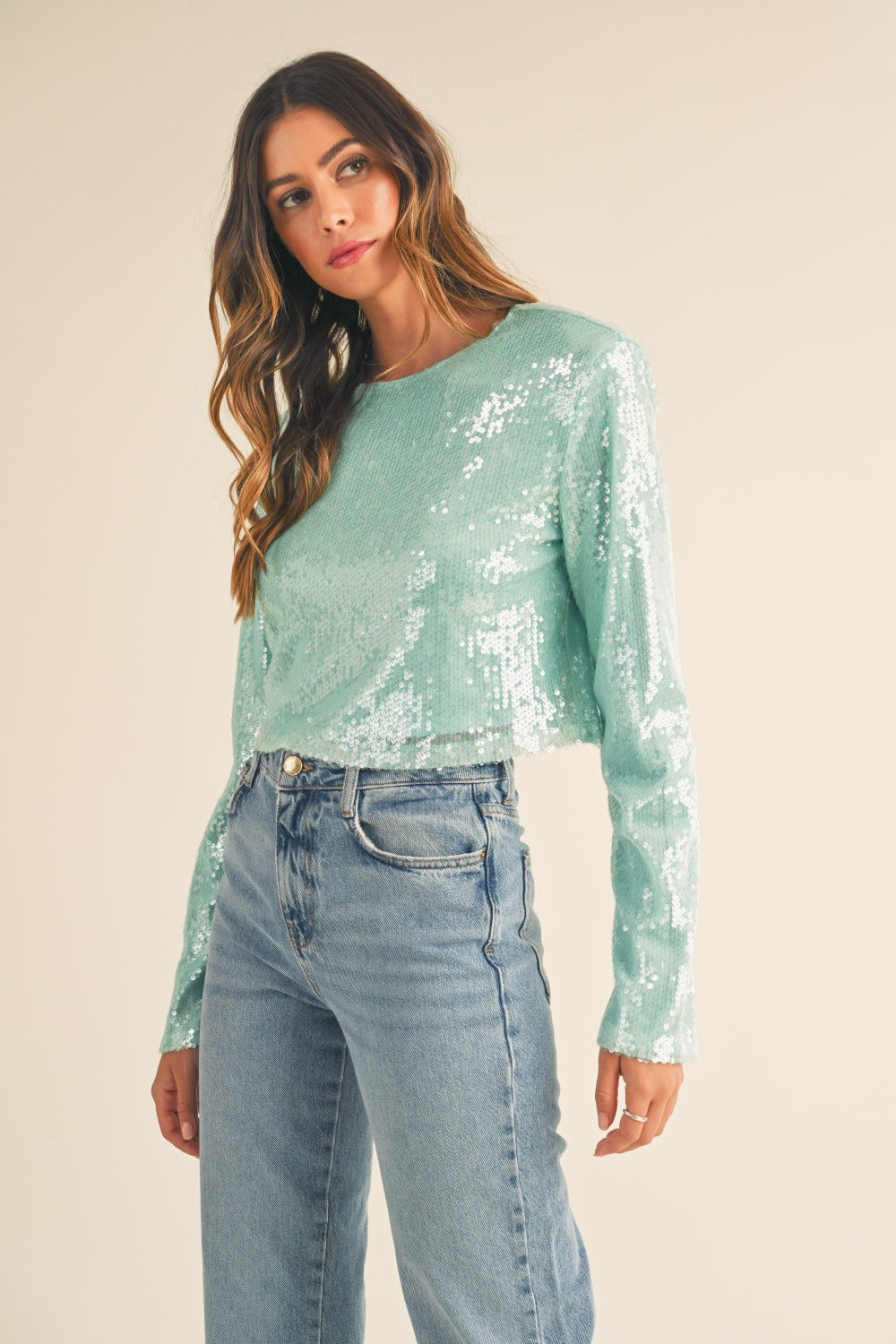 MABLE Shoulder Padded Sequin Crop Top  Trendsi   