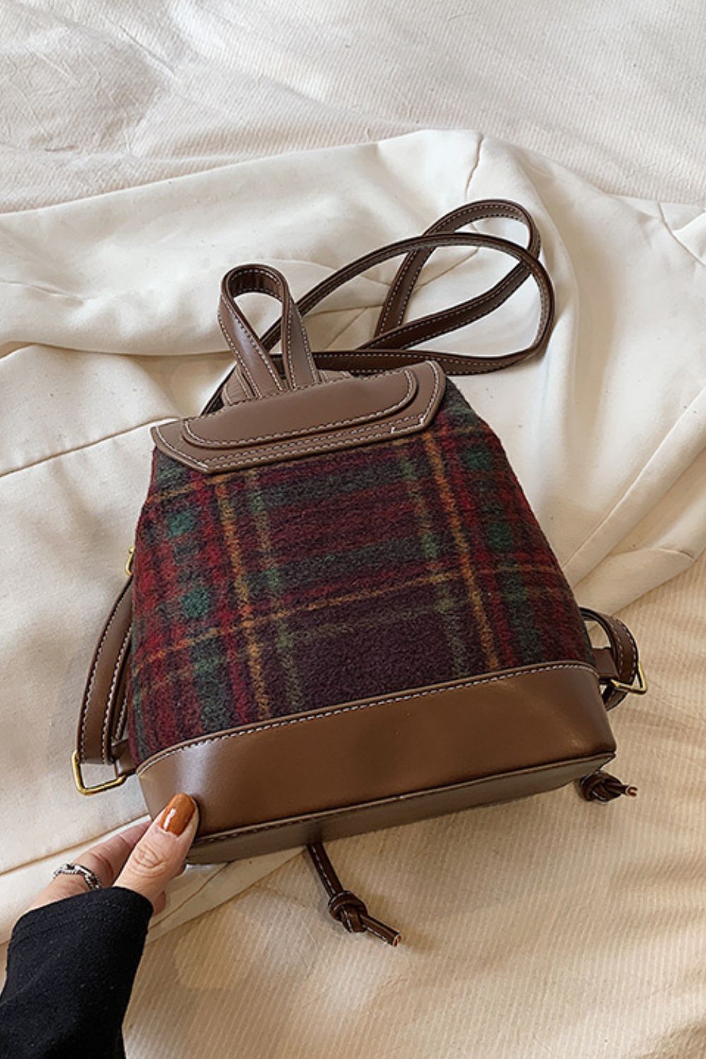 PU Leather Drawstring Plaid Backpack Bag  Trendsi   