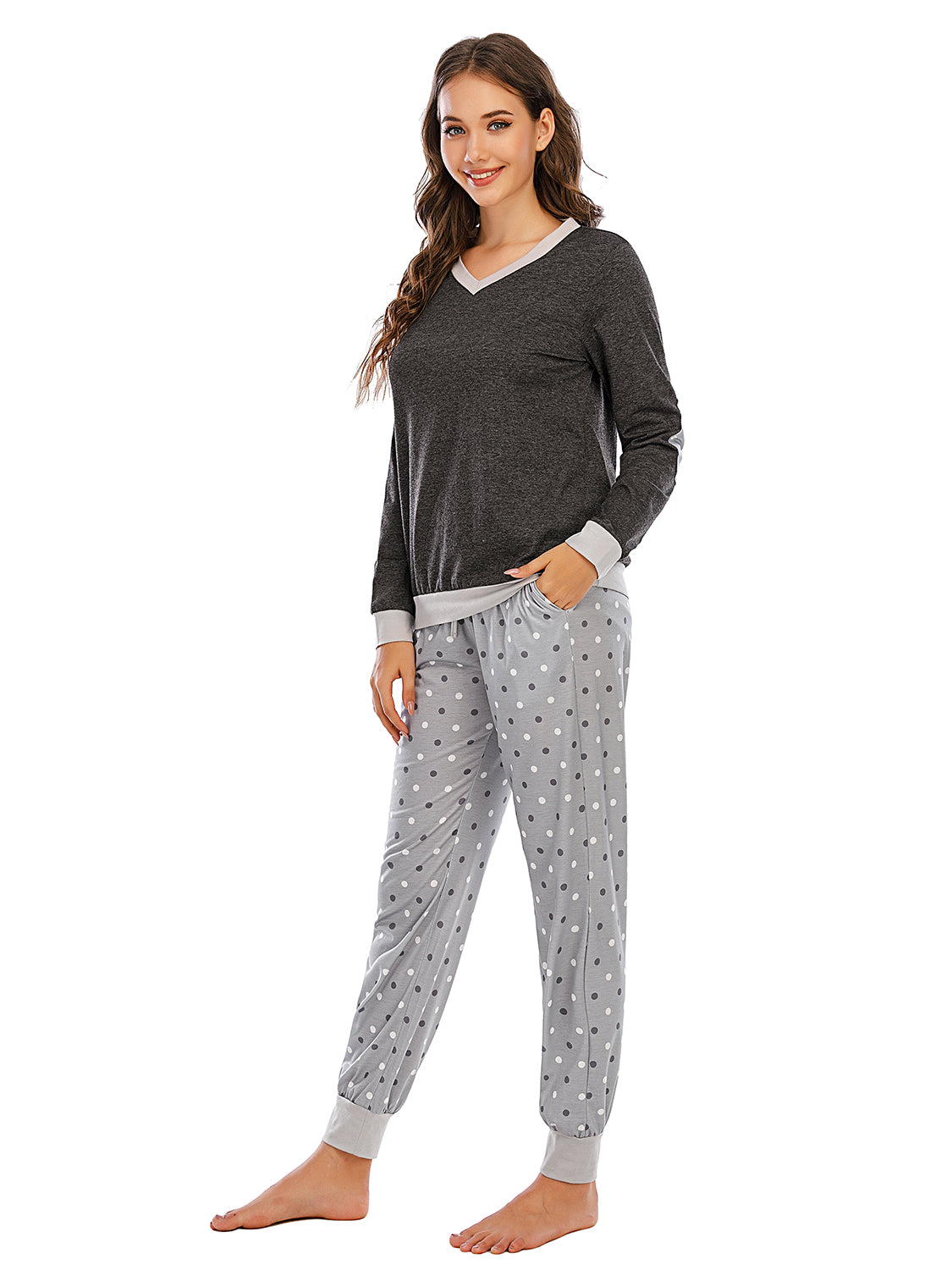 Long Sleeve Top and Polka Dot Pants Set  Trendsi   