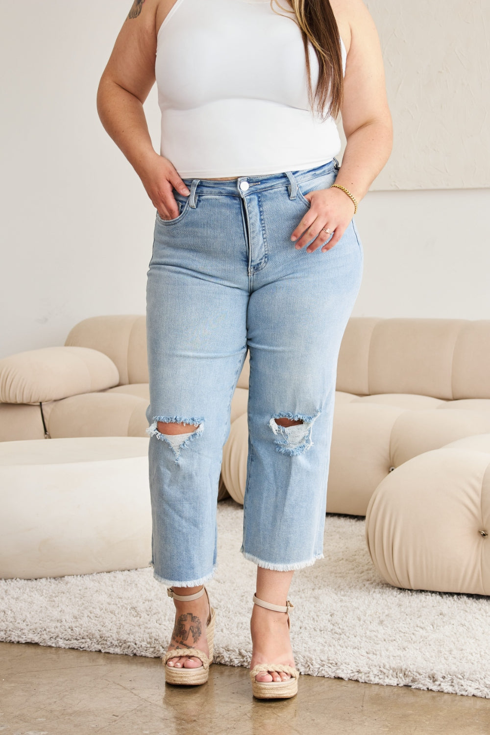 RFM Full Size Tummy Control High Waist Raw Hem Distressed Jeans  Trendsi   