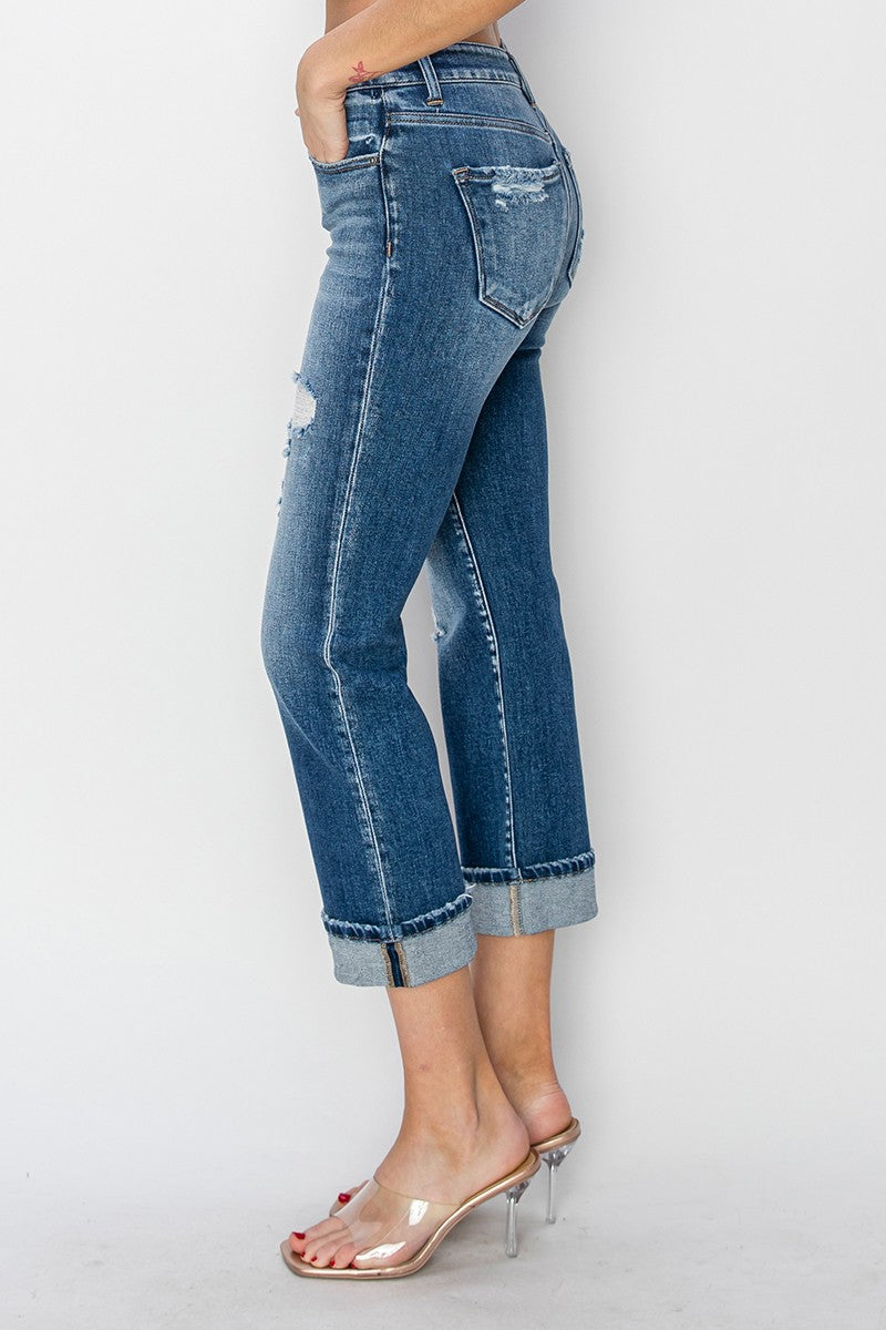 RISEN Full Size Cuffed Ankle Distressed Straight Jeans  Trendsi   