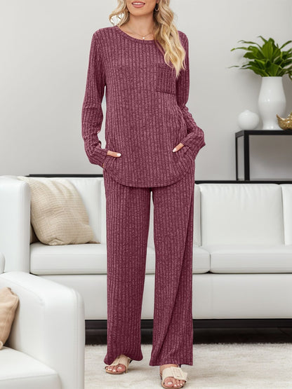 Round Neck Long Sleeve Top and Pants Set  Trendsi   