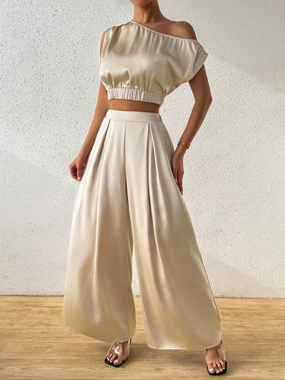 Honey One Shoulder Short Sleeve Top and Wide Leg Pants Set