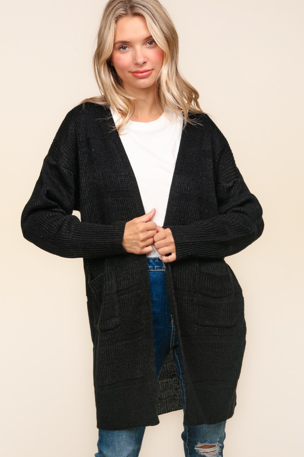 Haptics Stripe Textured Open Front Cardigan with Pockets  Trendsi Black S 