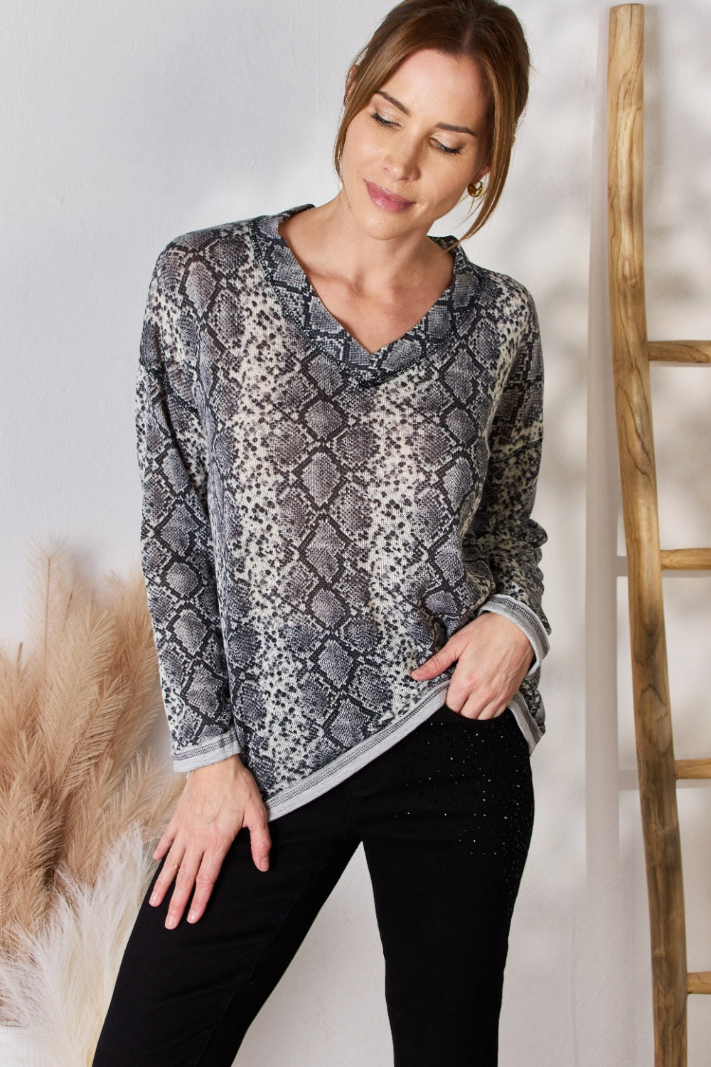 Hailey & Co Full Size Snakeskin V-Neck Long Sleeve Top  Trendsi   