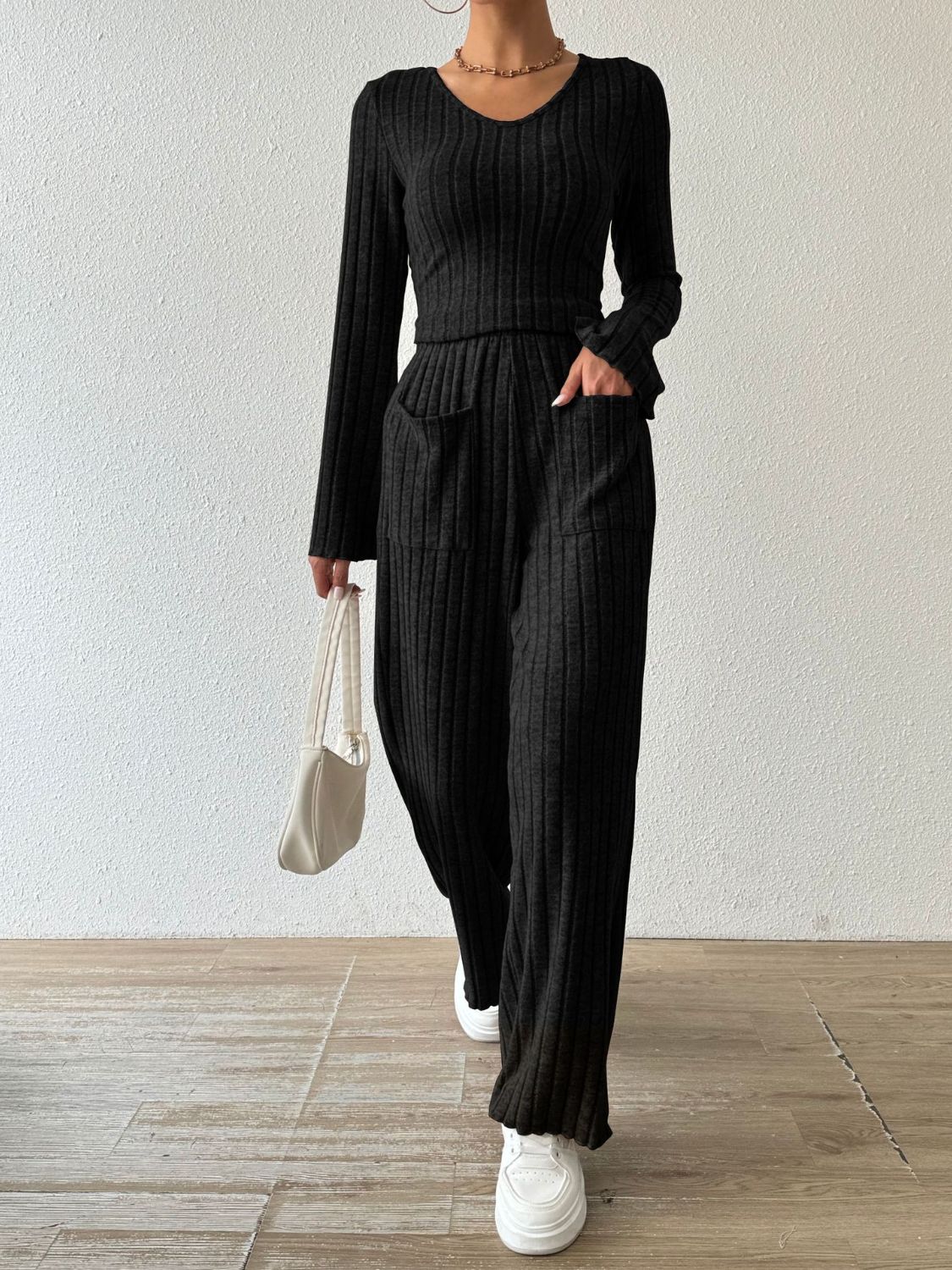 Ribbed V-Neck Long Sleeve Top and Pocketed Pants Set  Trendsi Black S 