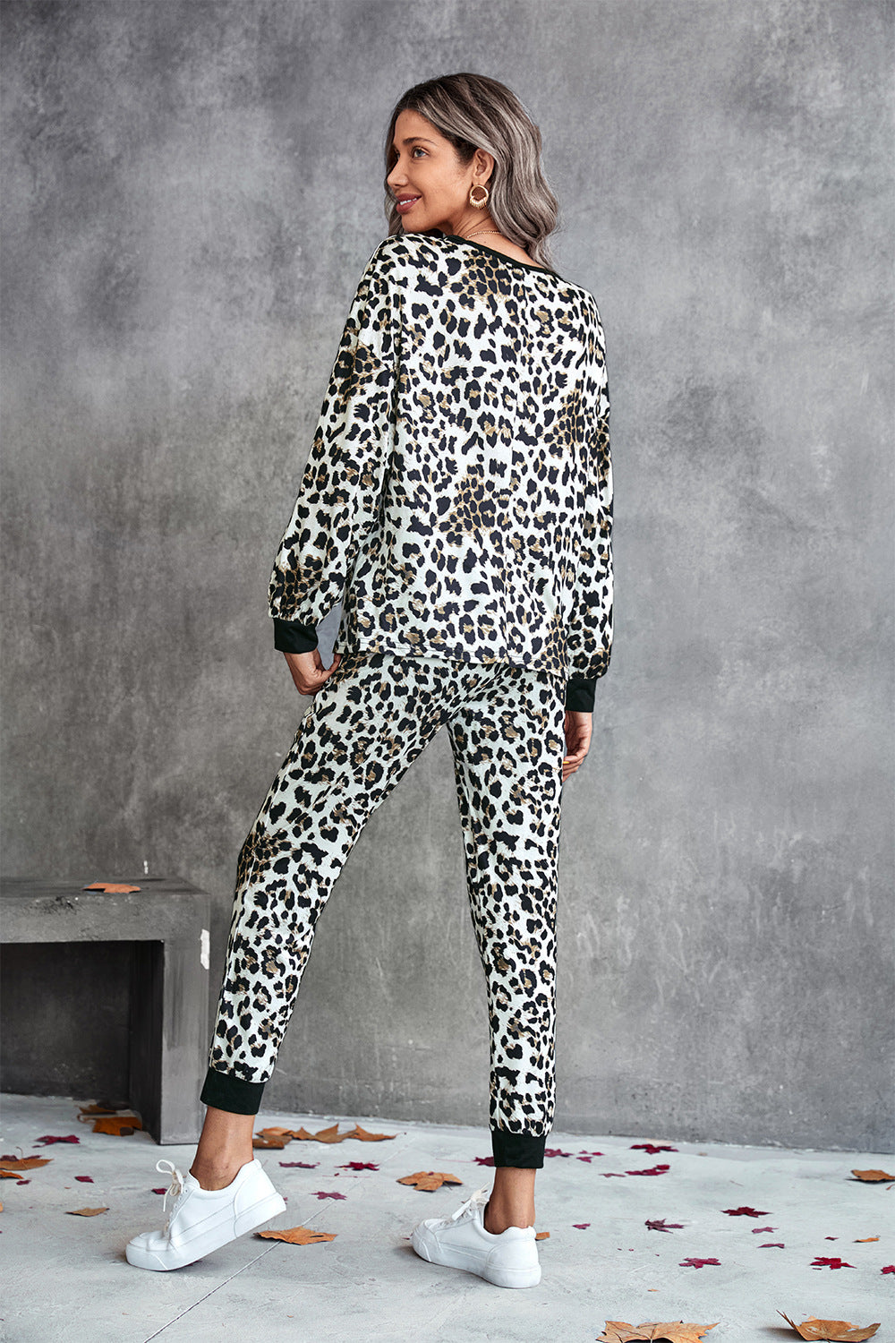 Leopard V-Neck Dropped Shoulder Loungewear Set  Trendsi   