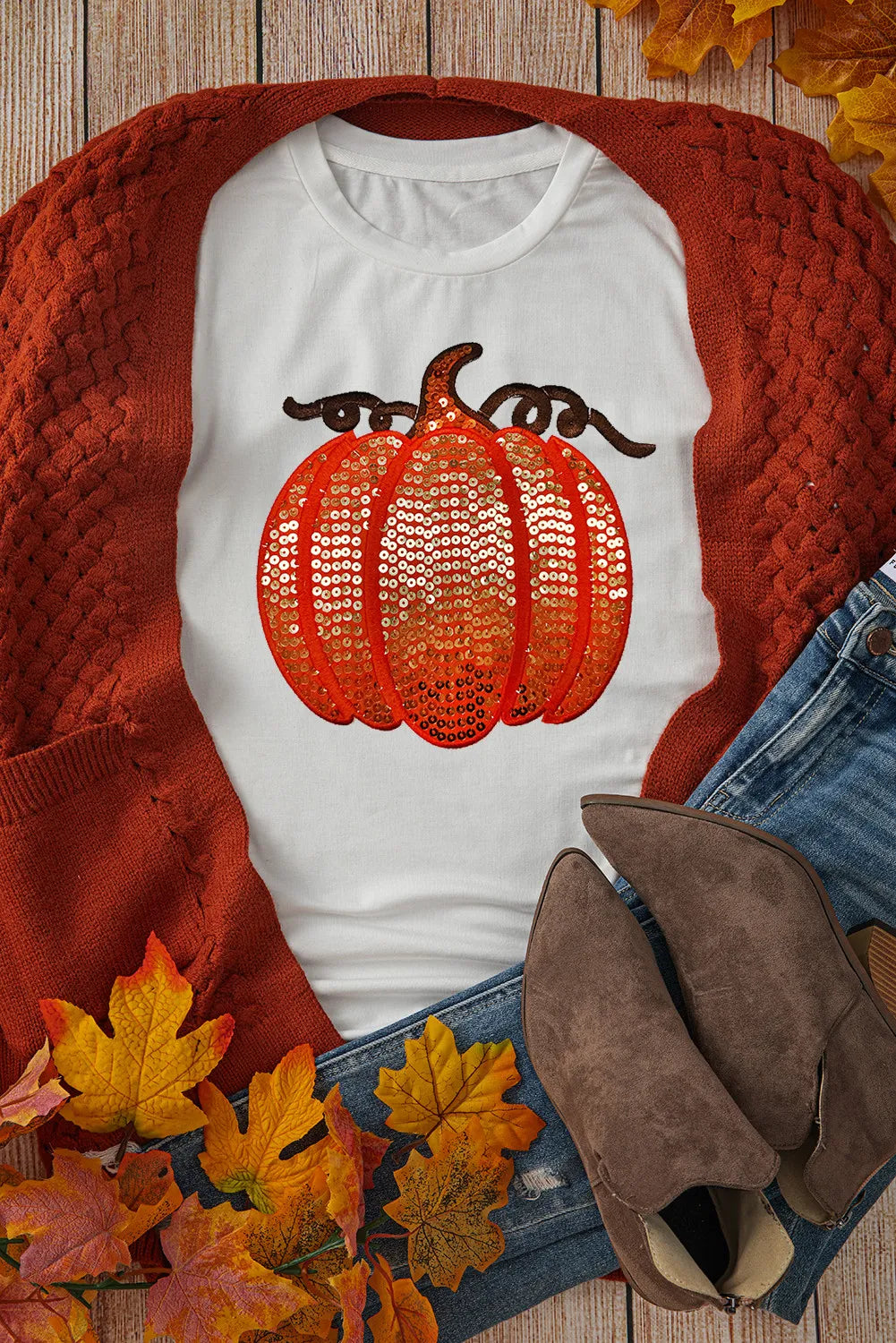 Full Size Sequin Pumpkin Round Neck Short Sleeve T-Shirt T-Shirt Trendsi   