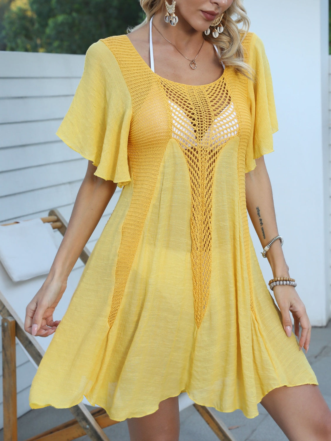 Openwork Flutter Sleeve Cover-Up Dress  Trendsi   