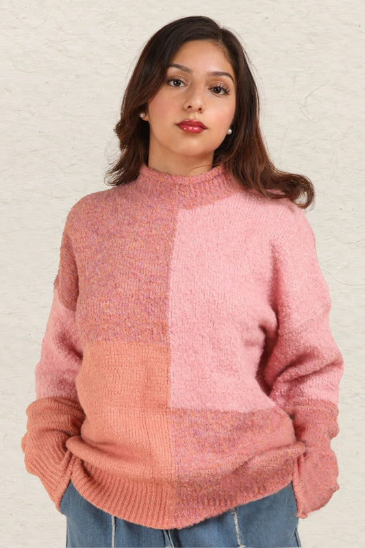 VERY J Color Block Mock Neck Drop Shoulder Sweater  Trendsi Pink S 