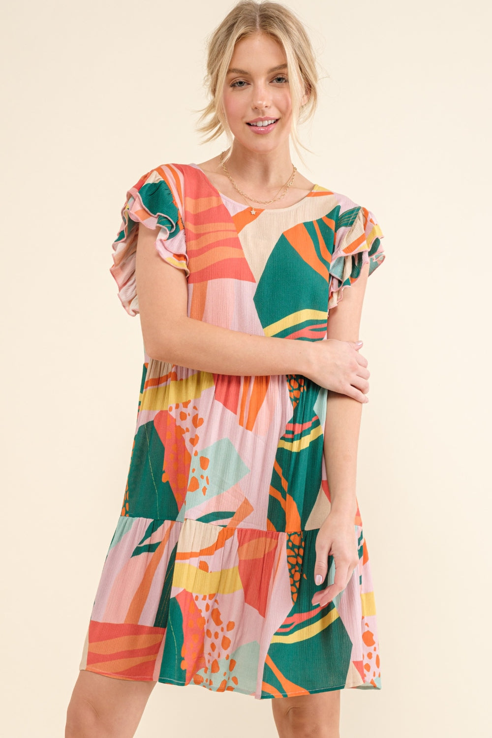 And The Why Printed Double Ruffle Sleeve Dress  Trendsi GREENERY S 