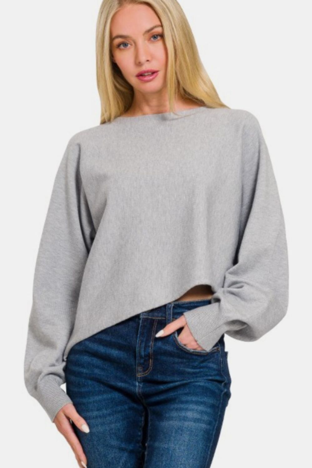 Zenana Asymmetric Hem Long Sleeve Sweater  Trendsi   