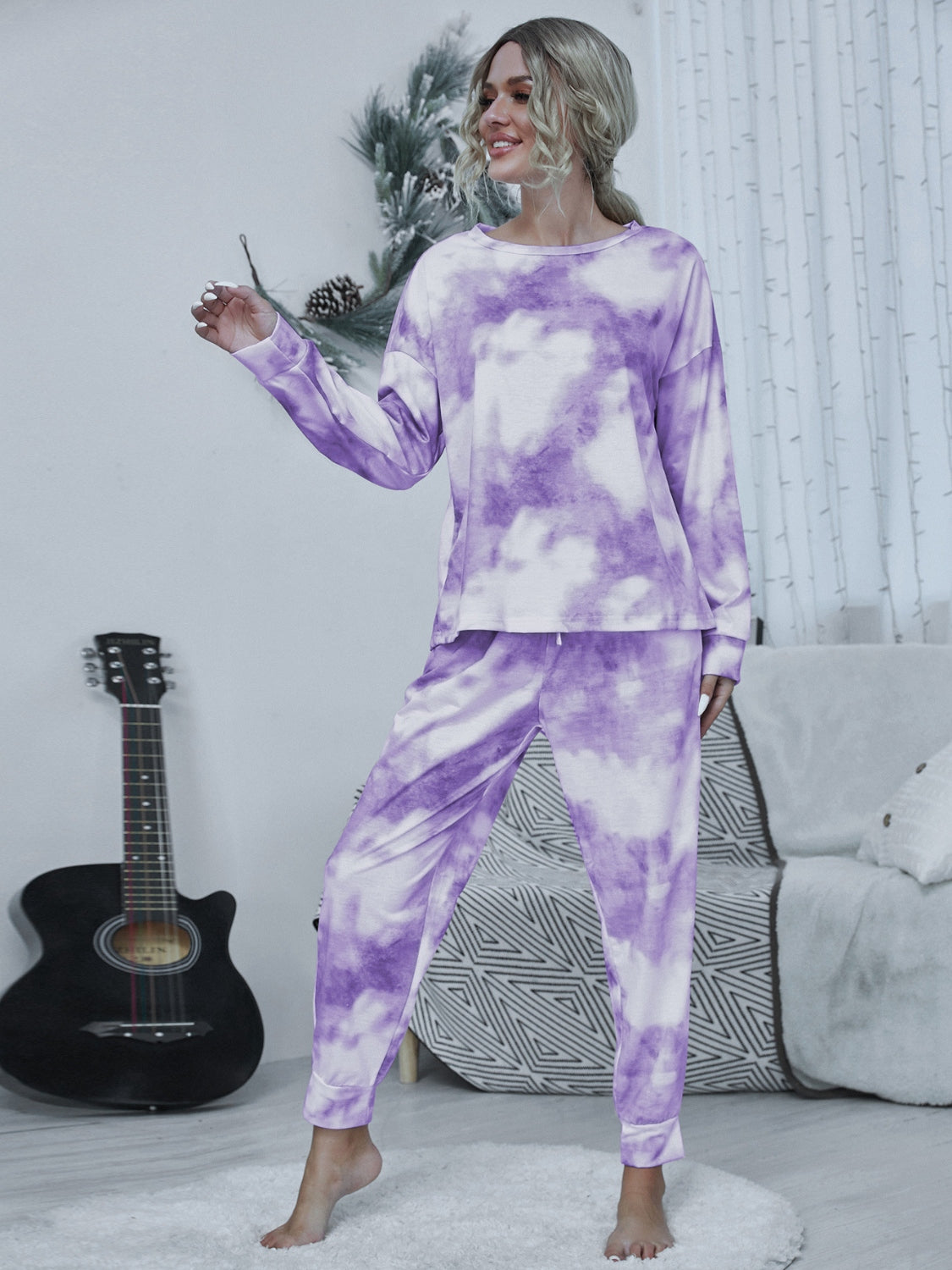 Shiny Tie-dye Round Neck Top and Drawstring Pants Lounge Set  Trendsi   