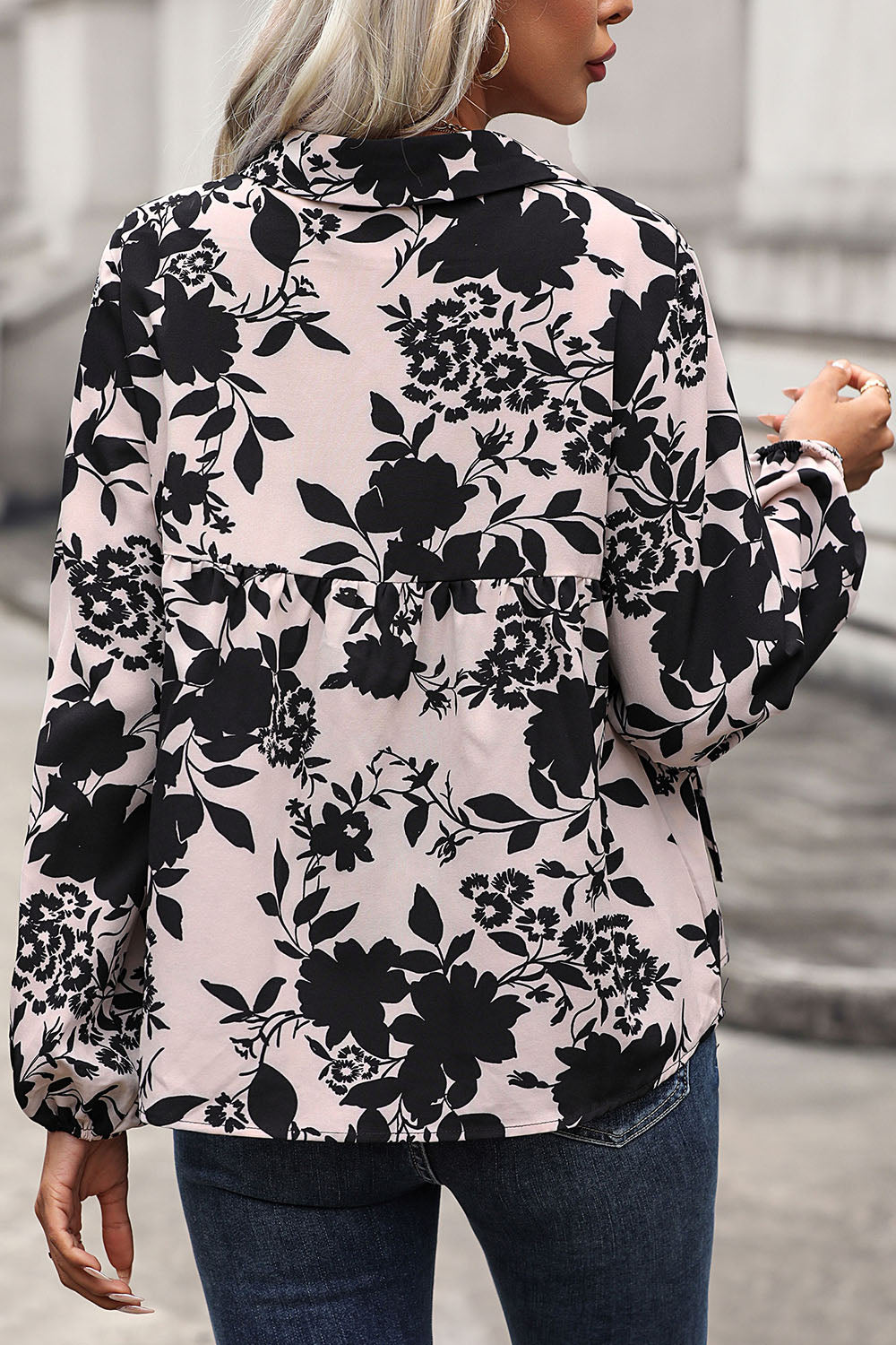 Perfee Printed Tie Neck Balloon Sleeve Blouse Blouse Trendsi   